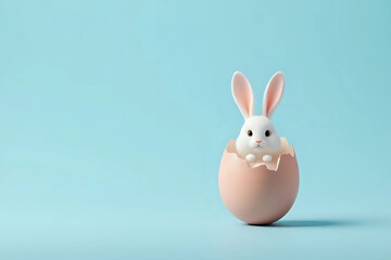 Obraz premium Easter rabbit, cute white bunny coming out of an opened egg on empty light blue background with copy space