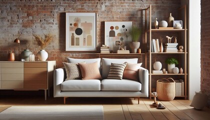 Cozy Living Room with Rustic Brick Wall and Stylish Design