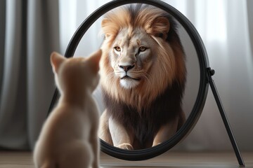 Kitten Looking at Lion in Reflection	