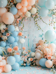 Pastel Balloons and Flowers Arrangement for a Celebration. Background.