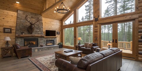 Rustic living room in modern hunting lodge – wooden walls, leather sofas, large windows overlooking the forest and rustic decoration