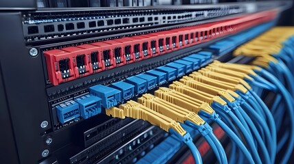 A network of cables with green, red, and yellow wires. The cables are connected to a black box