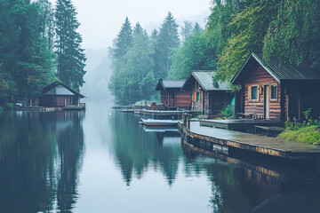 Fototapeta premium Camping scene by a river with wooden cabins, surrounded by still waters and lush greenery.