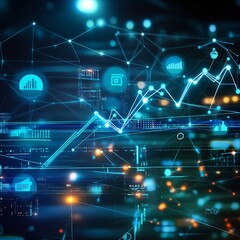 Obraz premium Interconnected Innovation and Rising Economic Growth Digital Scene Visualizing the dynamic flow of data and the symbolic representation of technological advancement and economic progress