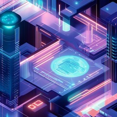Isometric View of a Futuristic Marketing Analytics Hub with Floating Holographic Graphs Data Streams and Database Symbols  Concept of Data Driven Business Intelligence and Digital Transformation