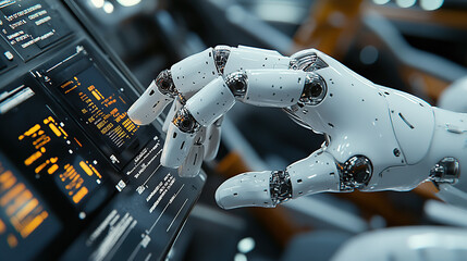 A humanoid robot is working on a computer, in a futuristic style with a white color tone