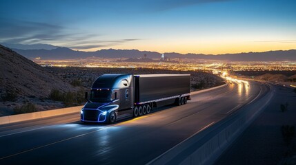 Obraz premium An electric transport truck drives along a highway surrounded by mountainous terrain as city lights twinkle in the distance during dusk. The scene captures innovation in transportation.
