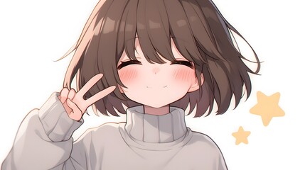 Adorable anime girl with brown hair, wearing a light grey turtleneck sweater, gives a peace sign.  She has rosy cheeks and a sweet smile, surrounded by pastel stars.
