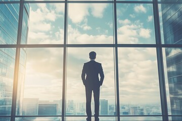 Fototapeta premium Businessman looking out panoramic window. Concept of vision, leadership, and opportunity.