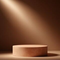 Beige Circular Wooden Pedestal Minimalist Display Platform in Brown Gradient Background for Beauty Advertising and Product Presentation