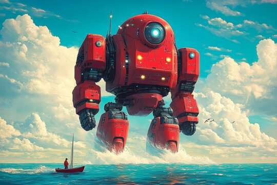 giant red robot emerging from ocean sky sailor boat science fiction adventure digital art