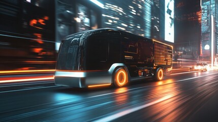 An advanced electric transport vehicle moves swiftly along a city street during nighttime, surrounded by illuminated buildings.