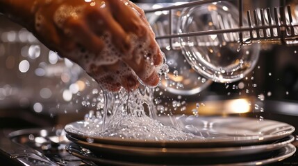 Fototapeta premium Washing Dishes: Cleaning plates, utensils, and glasses either by hand with soap or using a dishwasher for quick and efficient results. 