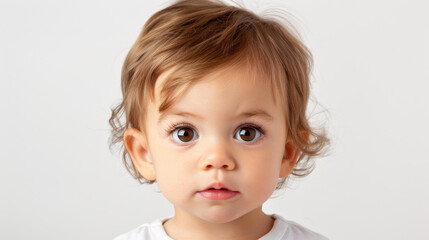 Naklejka premium Adorable little girl with a bright smile, captured in a portrait against a clean white background, full of innocence.