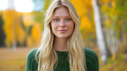Fototapeta premium A radiant woman with long blonde hair gazes confidently at the camera against a stunning outdoor backdrop.