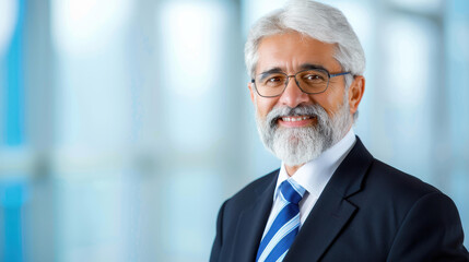 Fototapeta premium A confident senior businessman stands in a sleek office, radiating success and professionalism while smiling warmly.