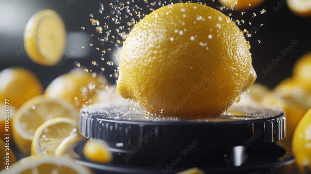 Aufkleber juicy lemons are being squeezed in a sleek kitchen, with droplets flying as the fruit releases its t