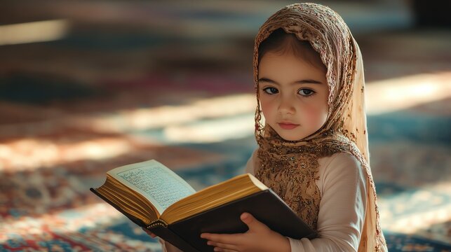 A young girl in a headscarf sits in a mosque, reading a book.