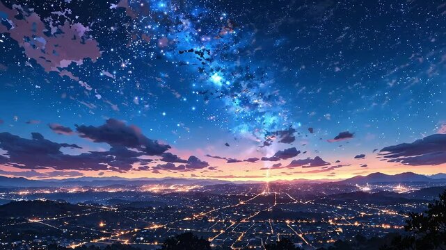 Starry Sky Animation Over a Calm City Night Background