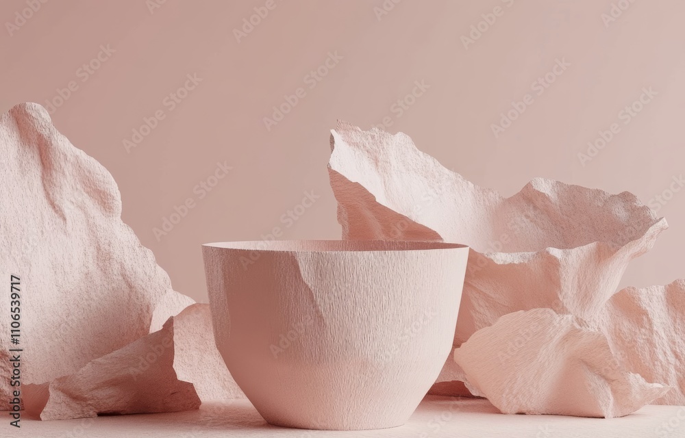 Poster minimalist paper sculpture display on soft pink background