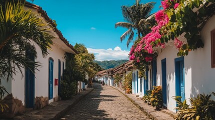 Fototapeta premium Cobblestone street lined with white colonial houses, vibrant bougainvillea, palm trees, and a clear blue sky.
