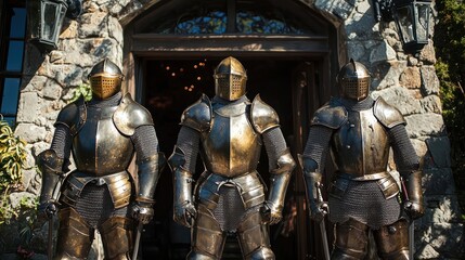 Suits armor positioned at the entrance a medieval castle-themed party