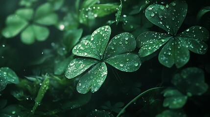 Close-up of a four-leaf clover with water droplets on its leaves, surrounded by other clovers.