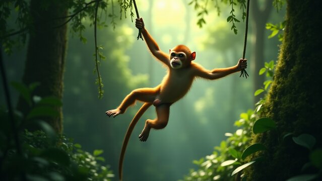 A playful scene of a monkey swinging through the jungle, emphasizing the movement and energy of the animal in its natural habitat.