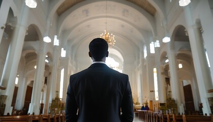 A man's back view inside a church, reflecting faith and heritage