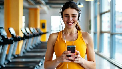 Active lifestyle Woman in sportswear enjoys music on smartphone after gym session.