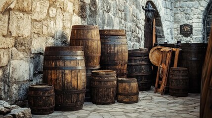 Sturdy wooden barrels and crates stacked near castle walls for a rustic medieval look