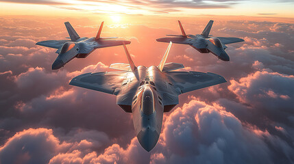 Three Raptor fighter jets flying together in formation, above the clouds at sunset, with one jet pointing upwards towards the sky