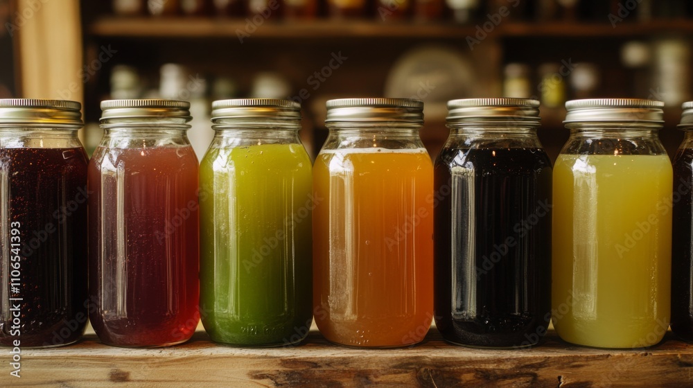 Poster A lineup of jars filled with various colorful juices is arranged neatly on a rustic wooden counter inside a bustling cafe.