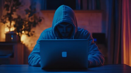 A man in a hoodie is focused on his work at a laptop in a dimly lit room.