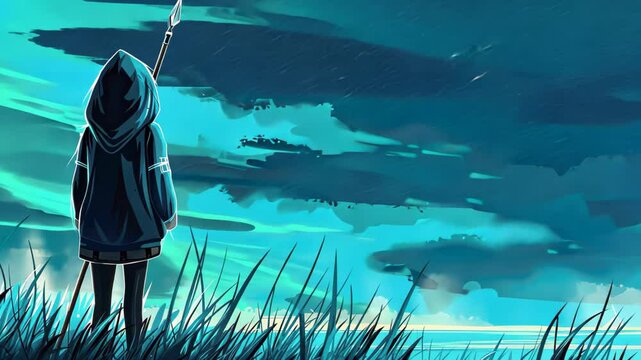Captivating D illustration of a wanderer girl with a spear in a blue hood, standing in a dynamic pose on grass.