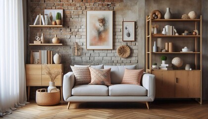 Cozy Living Room with Rustic Brick Wall and Stylish Design