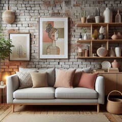 Cozy Living Room with Rustic Brick Wall and Stylish Design