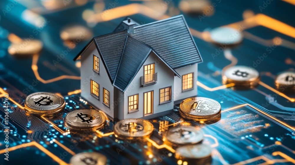 Aufkleber a small house model is surrounded by bitcoin coins on an abstract digital landscape. this represents