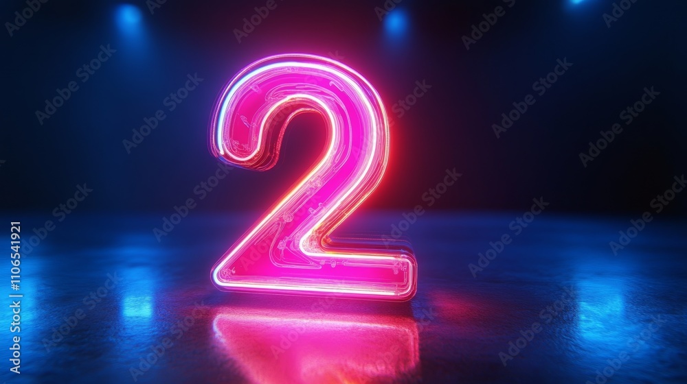 Poster Neon Number Two 3D Rendering with Glossy Pink and Blue Lights on Dark Background for Modern Design