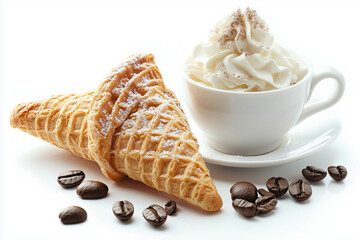 Cup of coffee with cream, cornettos and coffee beans, isolated on white background.