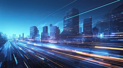 Obraz premium Futuristic Cityscape With Light Trails Speeding Through Streets