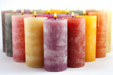 Rows of colorful burning wax candles isolated on white background.