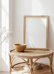 Minimalist Interior Setup with Round Wicker Table Natural Wood and Empty Canvas in White Room