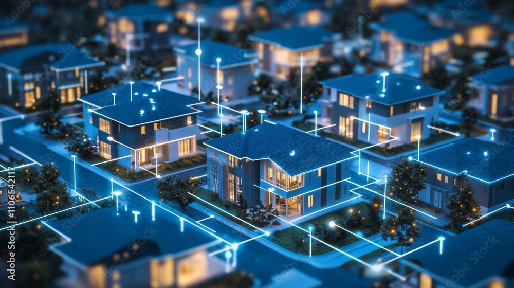 Aufkleber visualization of a futuristic neighborhood enhanced by ai technology, highlighting interconnected ho