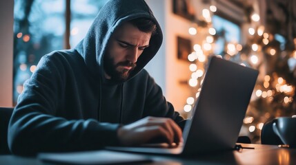 A man wearing a hoodie uses a laptop in a room decorated with Christmas lights.