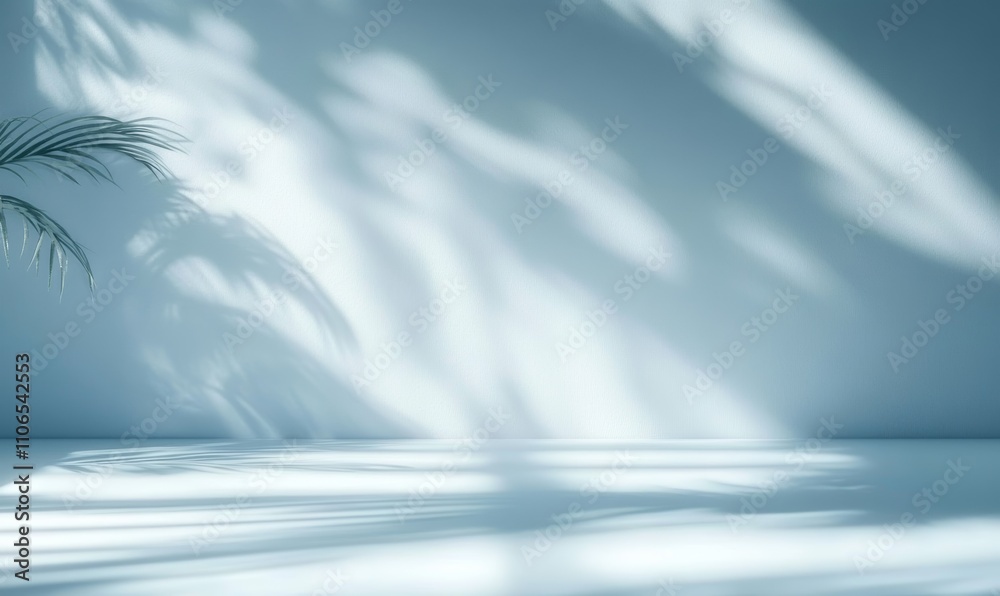 Poster minimalist light blue wall with soft abstract shadows natural diffused light ethereal atmosphere cal