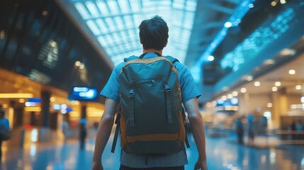 Naklejka premium A man walks through an airport terminal with a backpack.