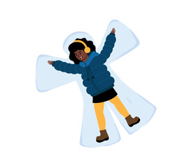 Girl making snow angel in winter clothing during snowy weather in a playful outdoor setting