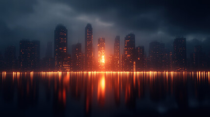 Fototapeta premium A dark city skyline at night, with skyscrapers illuminated by orange lights reflecting on the water below. The sky is overcast