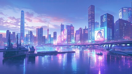 Obraz premium Futuristic Cityscape at Twilight Reflecting on Water